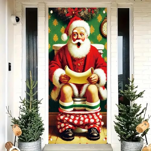 Funny Santa Bathroom Door Cover 71 x 35 in—Naughty List Scroll Christmas Banner for Xmas Party
