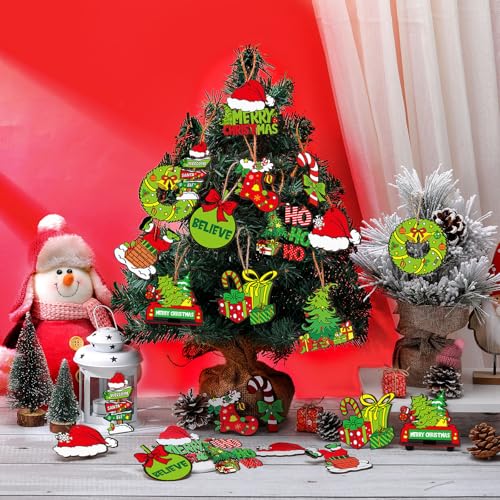 DoubleFill Classic 36 Pcs Wooden Christmas Ornaments - Lime Green & Red Tree Decorations