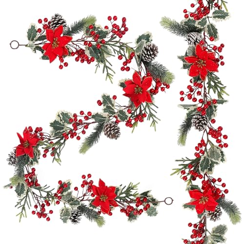 2PCS Red Berry Christmas Garland with Pine Cones & Poinsettias, 12FT Holiday Decor