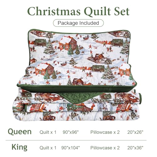 Yiran Red Cottage Christmas Quilt Set Queen Size with Deer Snowman Village, 104x90 inches