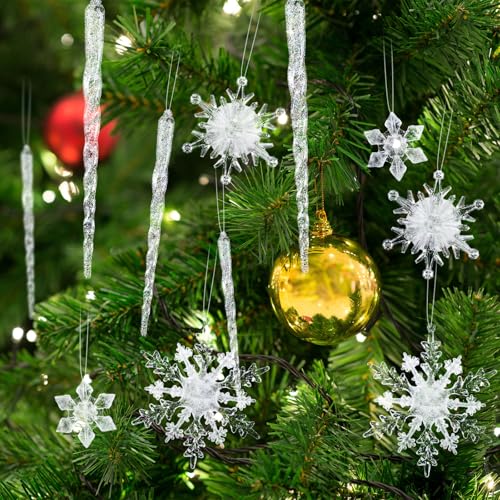 Chuangdi 72 Pcs Glitter Clear Snowflake Icicle Christmas Ornaments Set