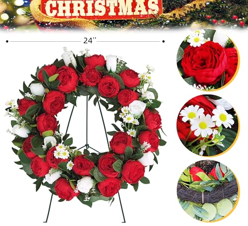 24-Inch Artificial Cemetery Wreath with Metal Stand for Graves