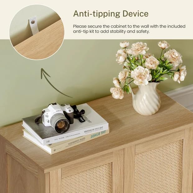 Natural Rattan Storage Cabinet with Adjustable Shelves, 31-Inch Sideboard