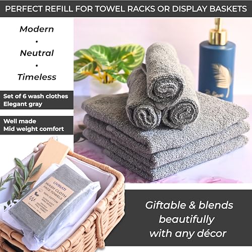Gray 100% Cotton Washcloths 12"x12" - 6 Pack Soft Absorbent Bath Rags