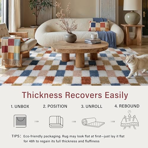 8x10 Checkered Area Rug, Soft Fluffy Shag Carpet for Living Room & Bedroom