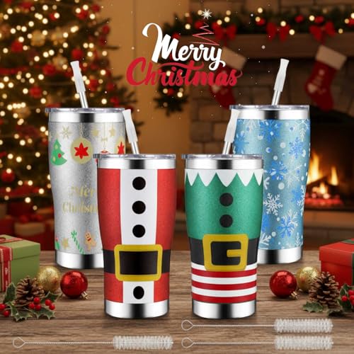 Sieral 4 Pack Christmas Glitter Tumblers 20oz Insulated Travel Mugs with Lids & Straws