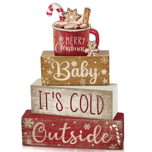 Moucuny Christmas Hot Cocoa Wood Sign & Book Decor Set - Indoor Holiday Tabletop Decorations
