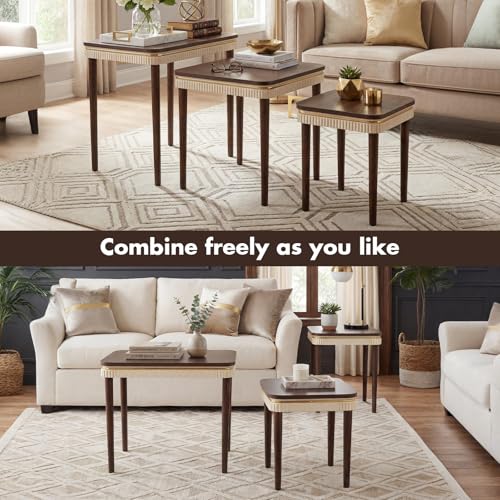 3-Piece Nesting Table Set, Mid-Century Walnut Side Tables with Gold Trim