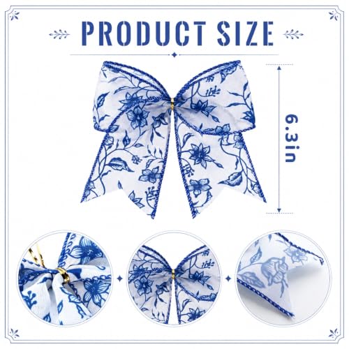 12-Piece Blue & White Plaid Christmas Bow Set with Chinoiserie Accents