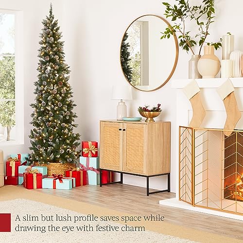 6ft Pre-Lit Slim Pencil Christmas Tree with 250 Lights & Pine Cones