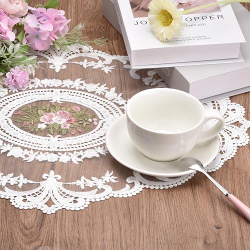 Dark Red Retro Lace Placemat 12x16 Inch Oval Embroidered Table Mat for Home & Wedding