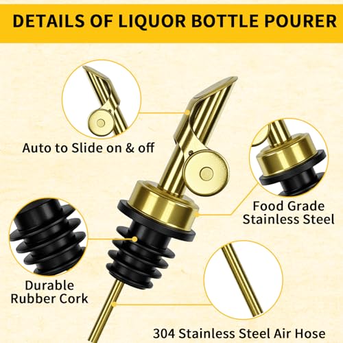 MCSDFN Gold 6-Pc Auto Flip Liquor & Oil Pour Spout Stainless Steel Dispenser