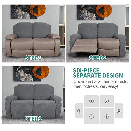 Stretch Loveseat Recliner Slipcover - 6 Piece Jacquard Cover, Light Gray
