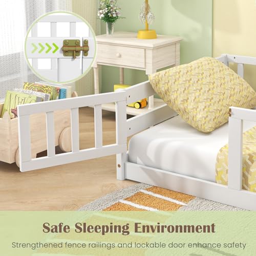 Twin Wooden Montessori Floor Bed Frame with Safety Guardrails & Door