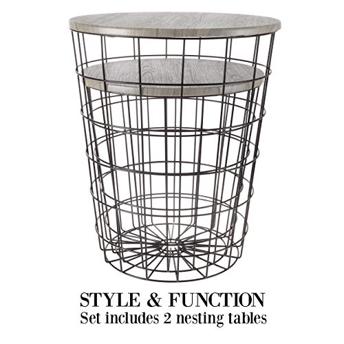 Round Nesting End Tables Set of 2 with Storage Basket and Wood Lid