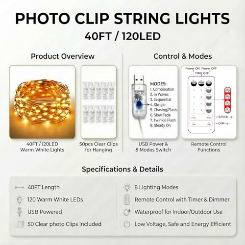 Photo Clip String Lights: 40ft 120 LED Fairy Lights with 50 Clips & Timer