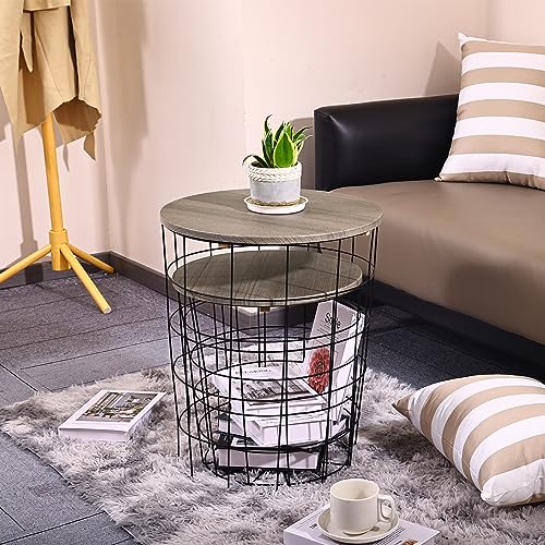 Nesting Side Table Set of 2 with Wire Basket Base and Wood Top