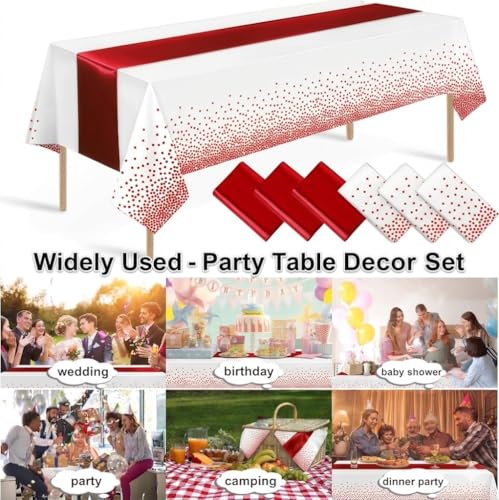 8Pack Disposable Plastic Tablecloths and Satin Table Runner Set - Wedding Party Decor H