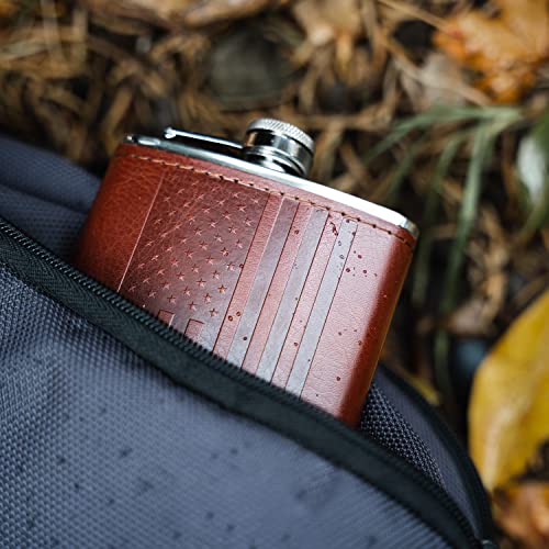 Brown Leather Wrap American Flag 8oz Hip Flask with Funnel – Stainless Steel, Leak Proof, Food Grade, Outdoor & Gift Set