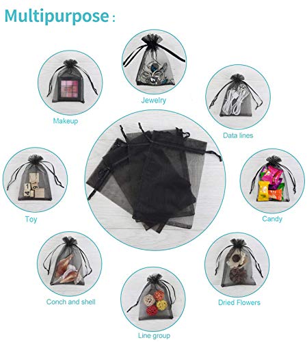 100-Pack Small Black Organza Drawstring Gift Bags - 3x4 Inch Mesh Pouches