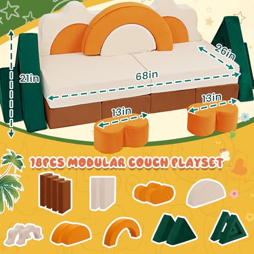 18-Piece Modular Kids Play Couch - Jungle Theme Toddler Foam Building Sofa