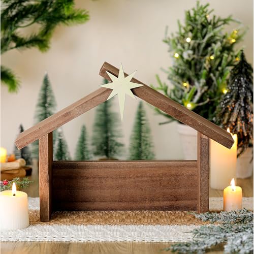Wooden Nativity Manger Stable Creche with Roof Star, Fits 7-Inch Figures