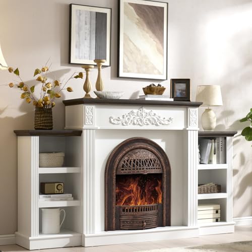 Tall Electric Fireplace TV Stand with Mantel and Storage Shelves
