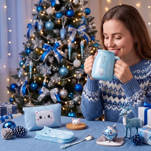 Uiifan Blue Ceramic Cat Mug with Lid & Paw Spoon - Gift Set for Women & Mom