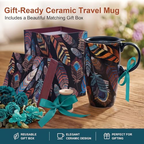 Black Topadorn 17oz Ceramic Travel Mug with Lid - Feather Art Coffee Cup