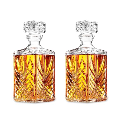 Bormioli Rocco Selecta Decanter, Set of 2 - Starburst Etched Glass with Airtight Diamond Stopper for Whiskey, Brandy & Spirits - 33.75 Oz. Each - Made in Italy, Elegant Barware, Dishwasher Safe
