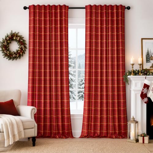 MIULEE Red Plaid Gingham Curtains 2 Panels 52W x 95L - Farmhouse Window Drapes
