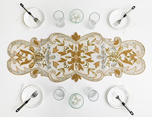Hand Beaded Silver Gold Ivory Table Runner 13x36 — Homebia Designs, Elegant Holiday Décor