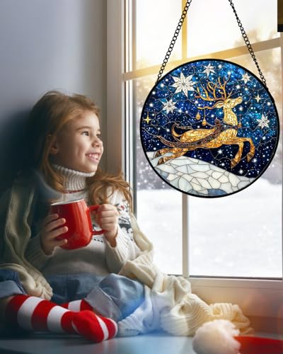 HWRHTR Blue and Gold Stained Glass Reindeer Window Hanging 7.8in Christmas Decor