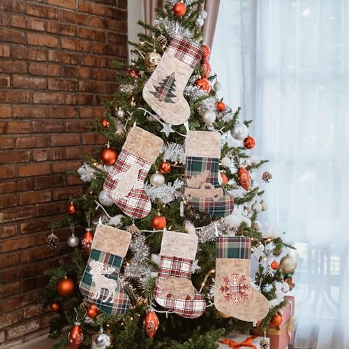 6 Pack 20-Inch Christmas Stockings, Rustic Farmhouse Plaid Holiday Decor