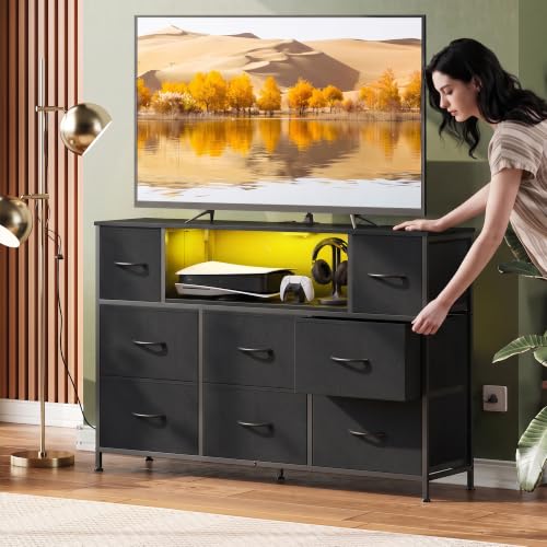 LED Dresser TV Stand for 55 Inch TV with Power Outlet & 8 Fabric Drawers