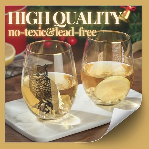 Onebttl 18oz Stemless Owl Wine Glass with Gold Details - Perfect Gift for Owl Lovers