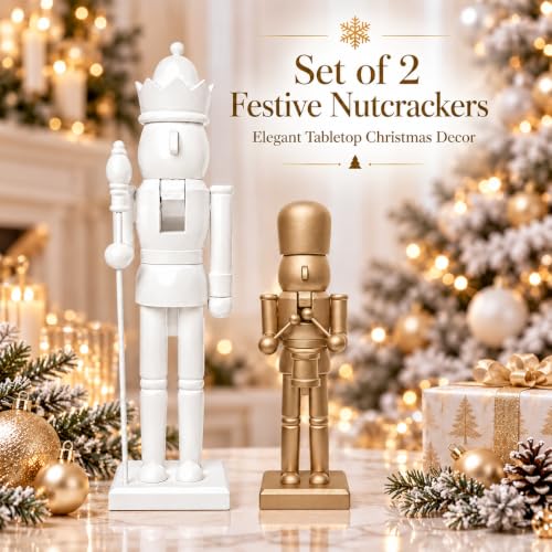 Nutcracker Christmas Decor Set, 2-Pack White & Gold – Royal King & drummer Figurines, 15in & 9.85in (Variation: Whitegolden) by Tngan