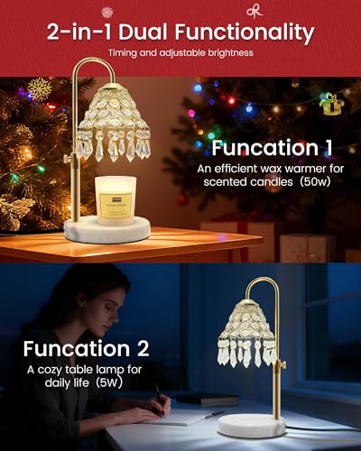 KISUFU Gold 2-in-1 Smart Crystal Candle Warmer Lamp with Timer - 50W Halogen + 5W Night Light, Adjustable Height
