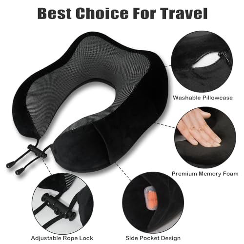 Travel Neck Pillow - Memory Foam U-Shaped with Eye Mask & Earplugs