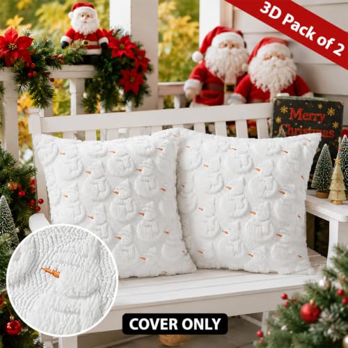 CAIBO 2-Pack Christmas Snowman Pillow Covers 18x18 Inches Faux Fur Decor
