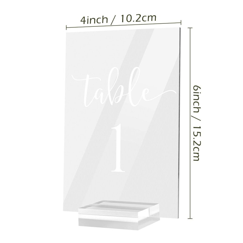 JINMURY Acrylic Wedding Table Numbers 1-30 with Stand- 4x6 Inch Clear Sign Printed Calligraphy Font, Acrylic Table Numbers with Holder Base for Wedding Party Reception