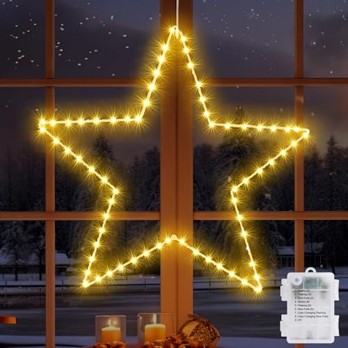 Marchpower 19-Inch Battery-Operated Christmas Window Star Lights with Timer - 70 LED Warm White Large Star Decoration - Indoor/Outdoor Wedding Party Home Décor - Star / 1
