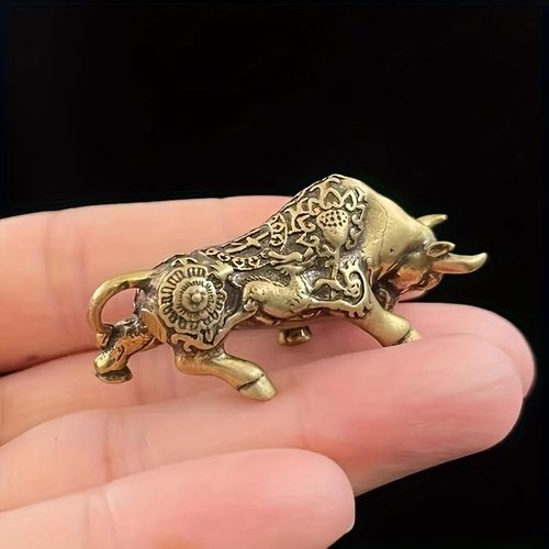 Bronze Zodiac Ox Statue - Creative Floral Design Brass Figurine | 2-Piece Decorative Cow Ornament