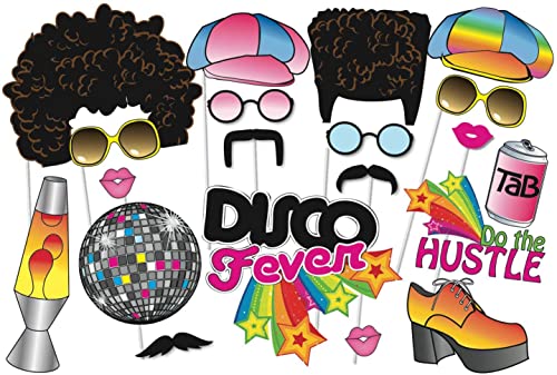 1970s Disco Party Photo Booth Props Kit - 20 Piece Retro Theme Decorations