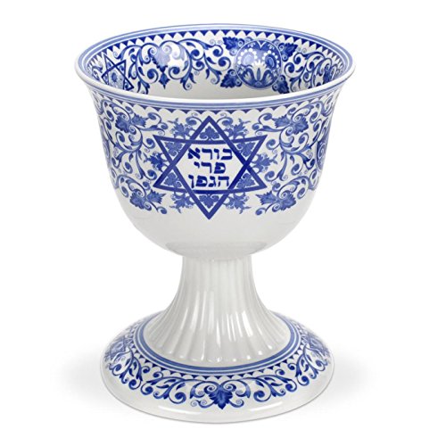 Porcelain Kiddush Cup, 6 oz Blue and White Wine Goblet for Jewish Holidays
