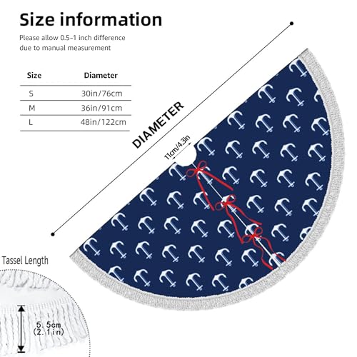 Navy Blue Nautical Christmas Tree Skirt 48 Inch with White Anchor & Tassel Edge - Rustic Holiday Decoration