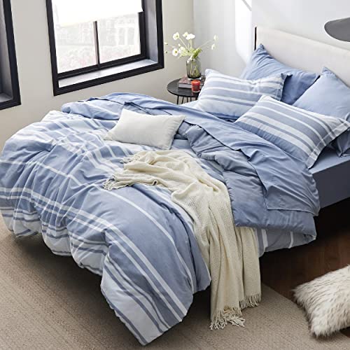 Queen Comforter Set 7 Pieces - Blue Striped Bedding for All Seasons