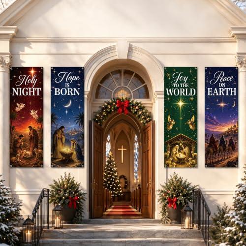 4Pcs Nativity Church Banner Set - 72 x 24 in, MOIZYNG National/ Holy Night Joy to the World Peace on Earth Hope Is Born