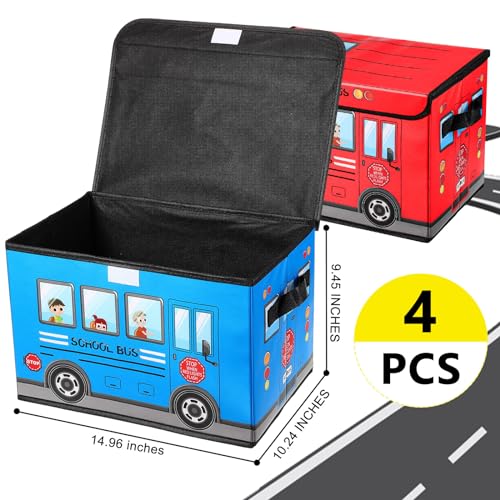 4-Piece Foldable Toy Storage Chest Set - Cartoon Bus Design for Kids