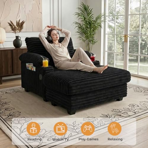 Adjustable Chaise Lounge Chair with Storage Ottoman and USB Charging Port